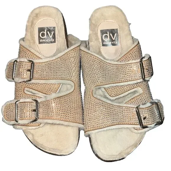 DV Dolce Vita Women's Bonita Fuzzy Fur Shimmer Slide Sandals Beige Size 7.5 NWOB - Picture 4 of 4